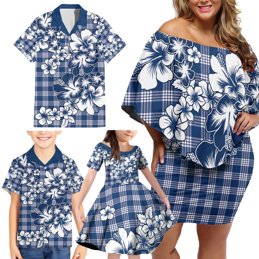 Hibiscus Pakala Cobalt Blue Royal Family Matching Off Shoulder Short Dress and Hawaiian Shirt Tropical Floral Stylized LT01 - Polynesian Pride