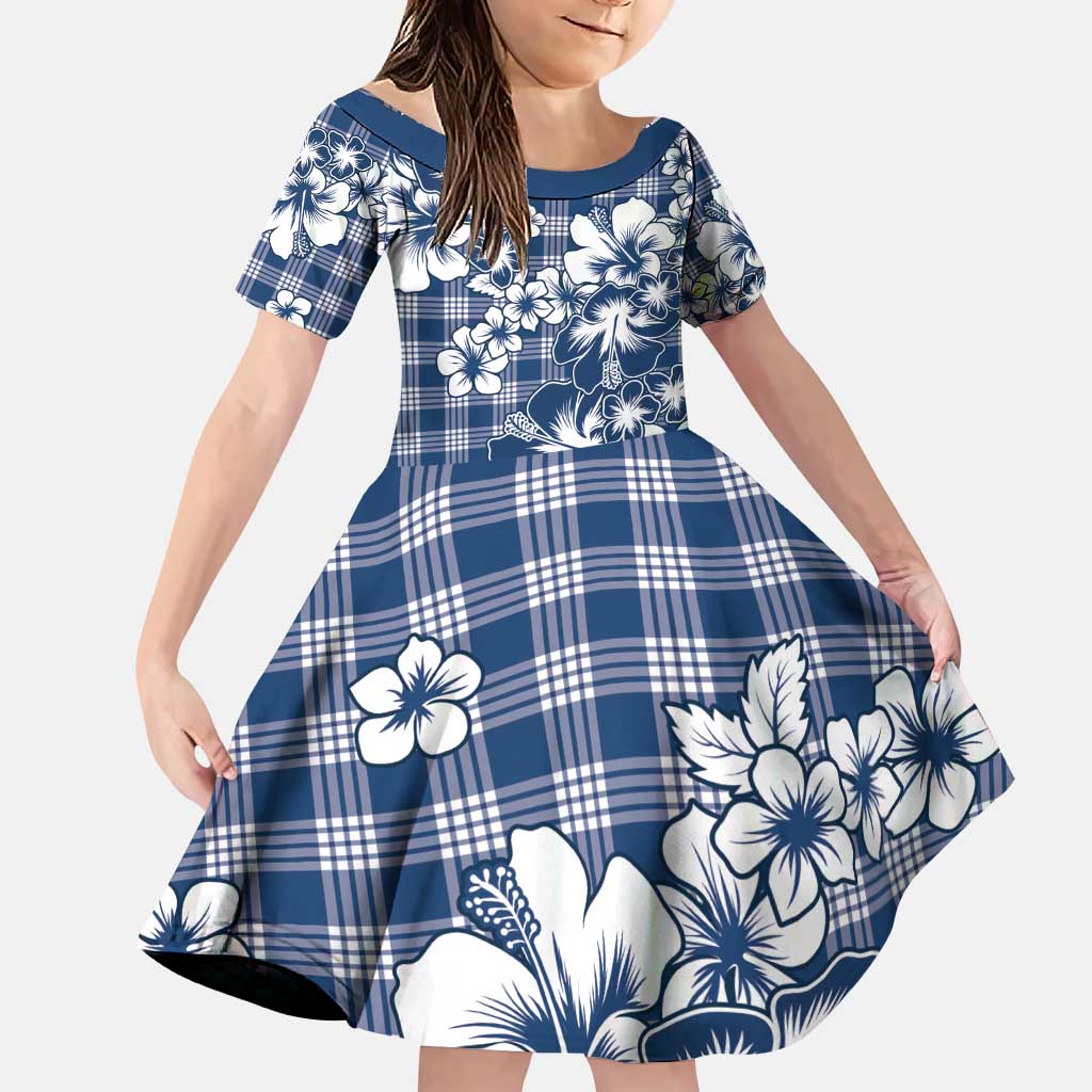Hibiscus Pakala Cobalt Blue Royal Family Matching Puletasi and Hawaiian Shirt Tropical Floral Stylized LT01 Daughter's Dress Blue - Polynesian Pride