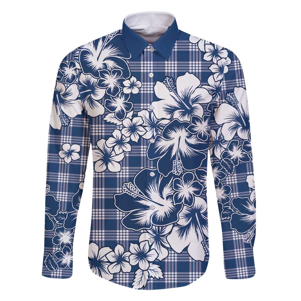 Hibiscus Pakala Cobalt Blue Royal Family Matching Short Sleeve Bodycon Dress and Hawaiian Shirt Tropical Floral Stylized LT01 Dad's Shirt - Long Sleeve Blue - Polynesian Pride