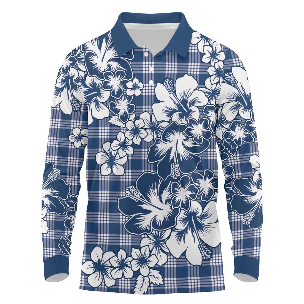 Hibiscus Pakala Cobalt Blue Royal Long Sleeve Polo Shirt Tropical Floral Stylized LT01 Blue - Polynesian Pride