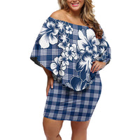 Hibiscus Pakala Cobalt Blue Royal Off Shoulder Short Dress Tropical Floral Stylized - Polynesian Pride