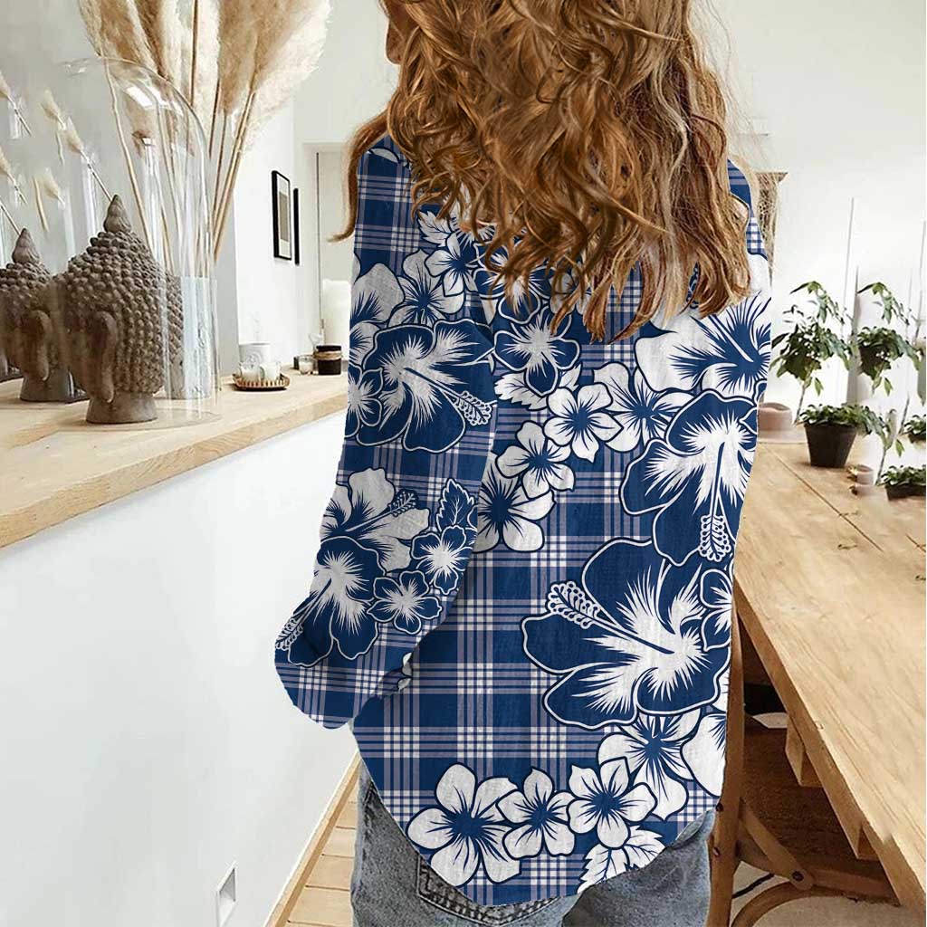 Hibiscus Pakala Cobalt Blue Royal Women Casual Shirt Tropical Floral Stylized - Polynesian Pride