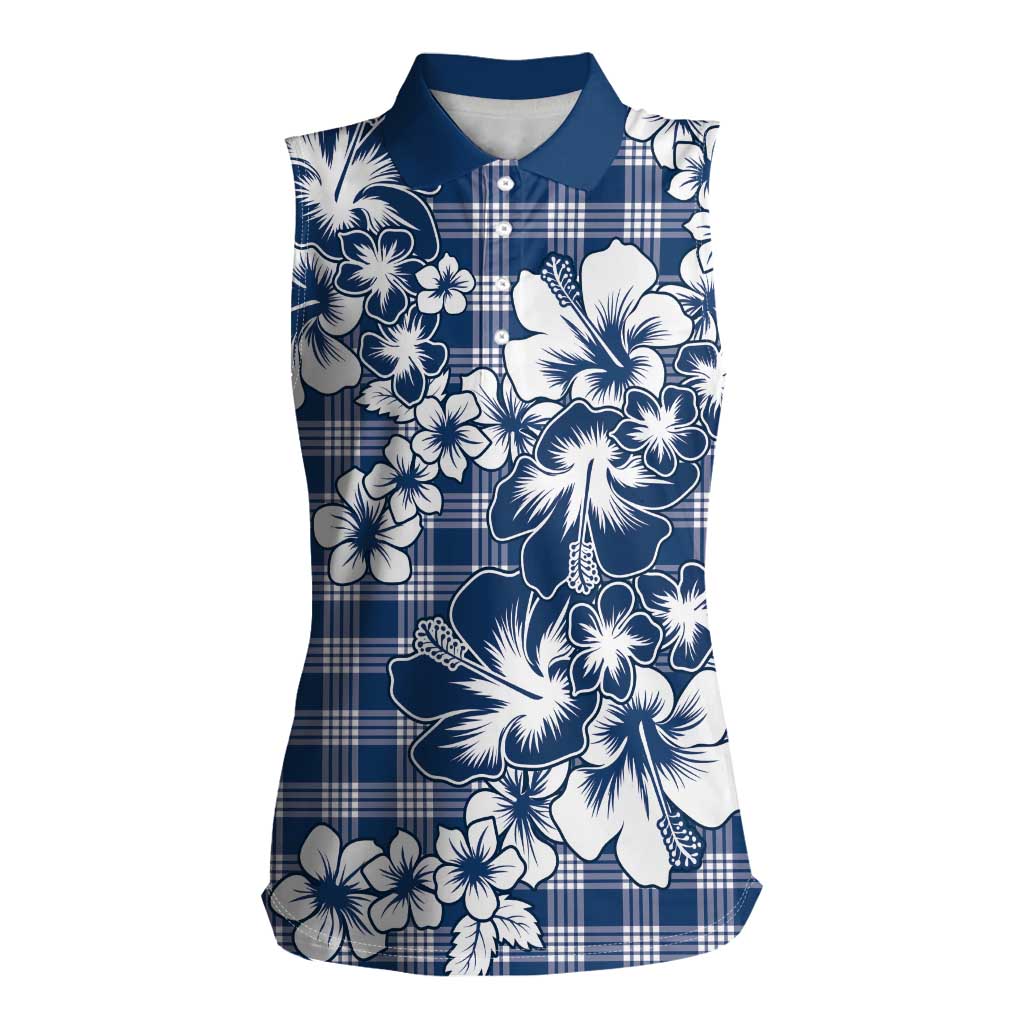 Hibiscus Pakala Cobalt Blue Royal Women Sleeveless Polo Shirt Tropical Floral Stylized LT01 Female Blue - Polynesian Pride