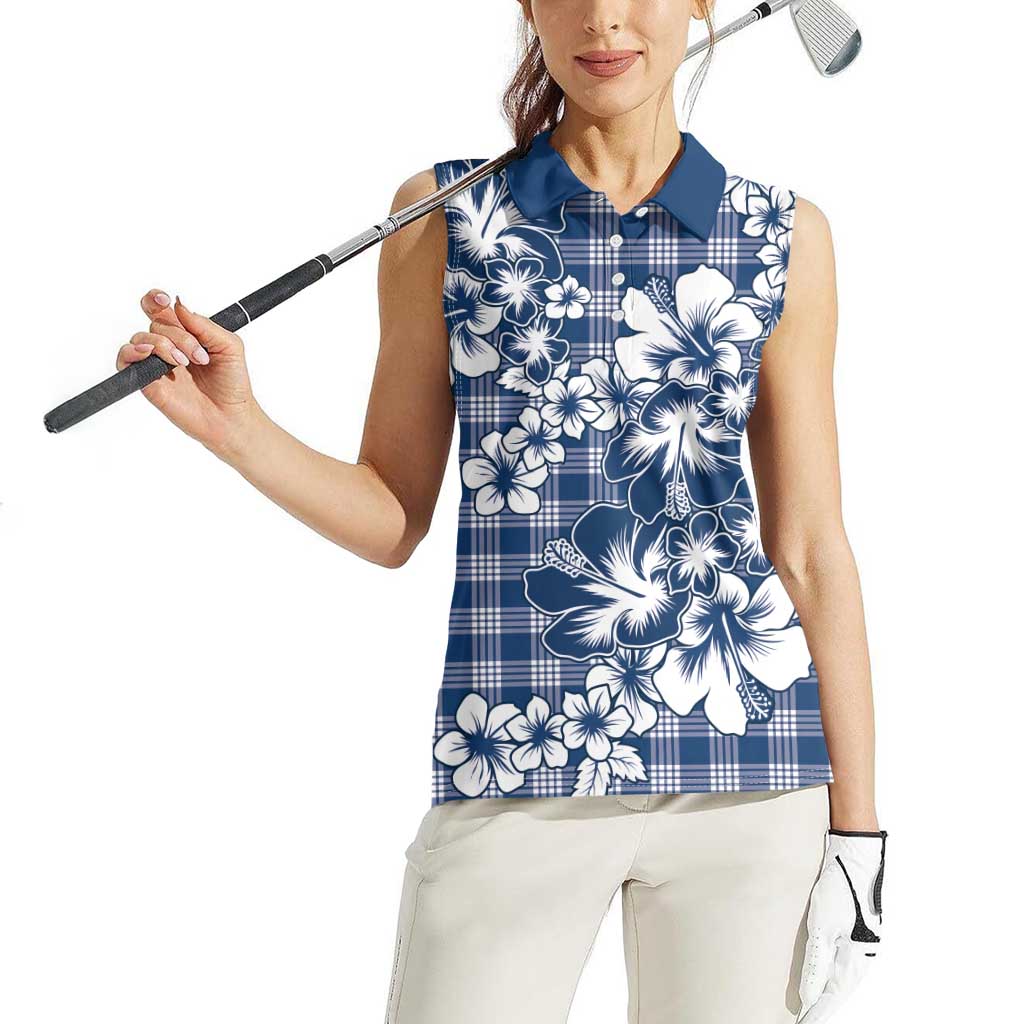 Hibiscus Pakala Cobalt Blue Royal Women Sleeveless Polo Shirt Tropical Floral Stylized - Polynesian Pride