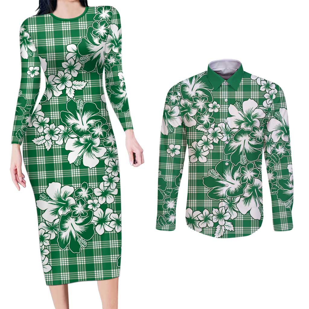 Hibiscus Pakala Emerald Green Couples Matching Long Sleeve Bodycon Dress and Long Sleeve Button Shirt Tropical Floral Stylized LT01 Green - Polynesian Pride