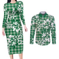 Hibiscus Pakala Emerald Green Couples Matching Long Sleeve Bodycon Dress and Long Sleeve Button Shirt Tropical Floral Stylized LT01 Green - Polynesian Pride