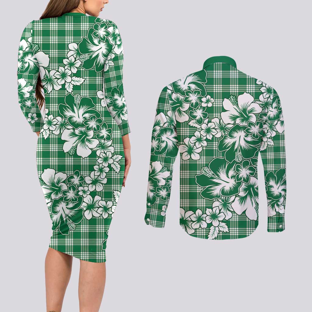 Hibiscus Pakala Emerald Green Couples Matching Long Sleeve Bodycon Dress and Long Sleeve Button Shirt Tropical Floral Stylized LT01 - Polynesian Pride