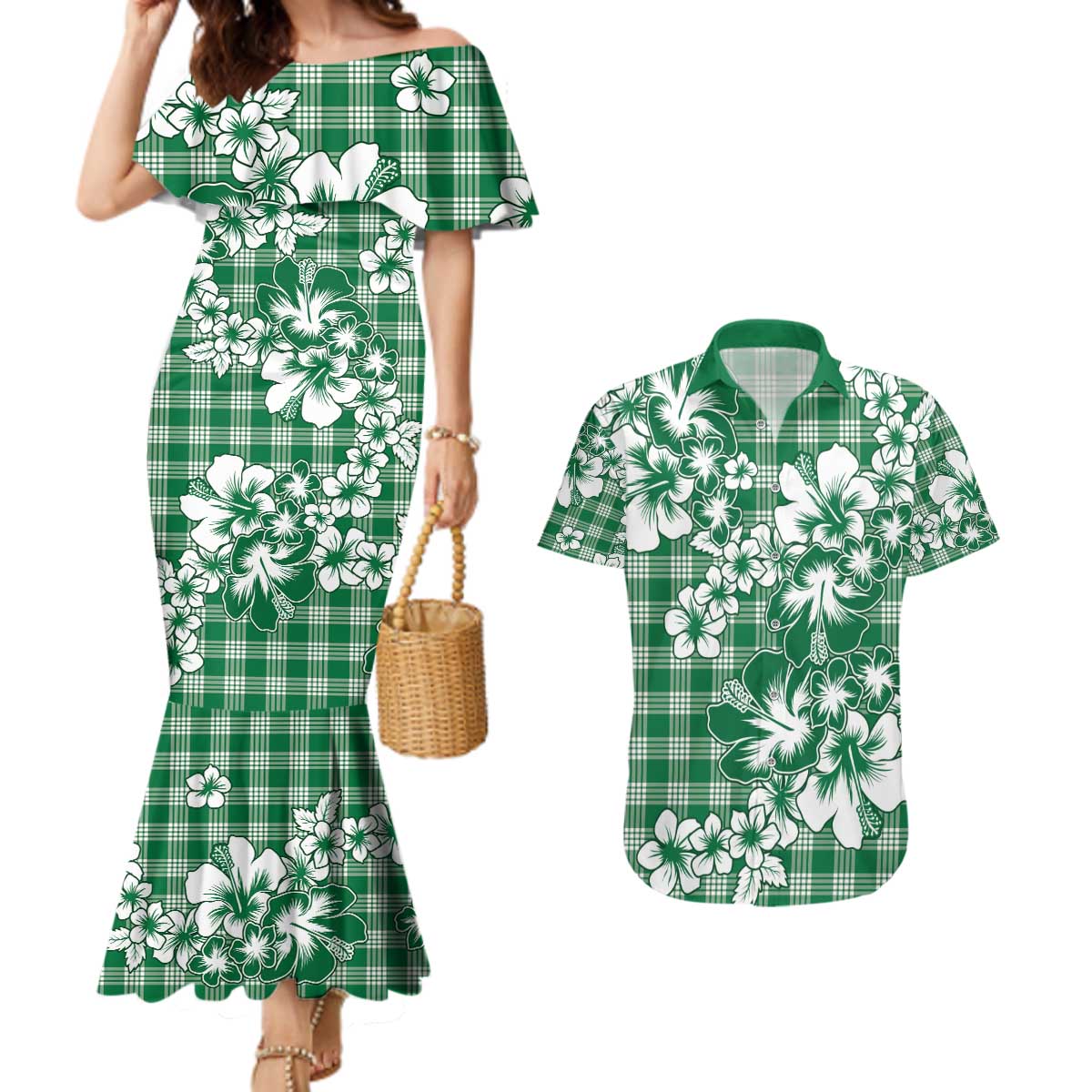 Hibiscus Pakala Emerald Green Couples Matching Mermaid Dress and Hawaiian Shirt Tropical Floral Stylized LT01 Green - Polynesian Pride