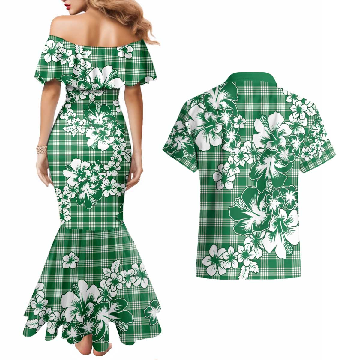 Hibiscus Pakala Emerald Green Couples Matching Mermaid Dress and Hawaiian Shirt Tropical Floral Stylized LT01 - Polynesian Pride