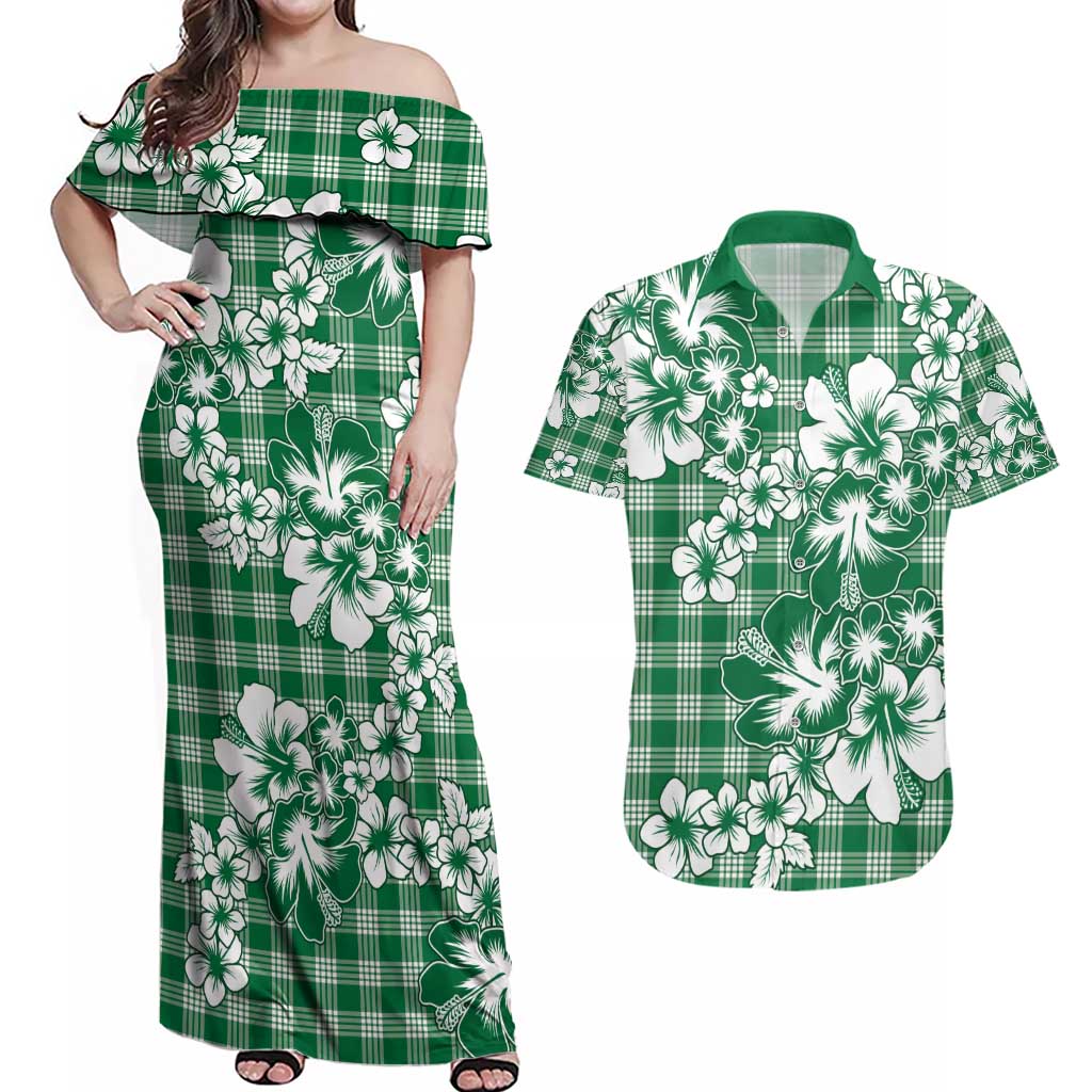 Hibiscus Pakala Emerald Green Couples Matching Off Shoulder Maxi Dress and Hawaiian Shirt Tropical Floral Stylized - Polynesian Pride