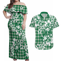 Hibiscus Pakala Emerald Green Couples Matching Off Shoulder Maxi Dress and Hawaiian Shirt Tropical Floral Stylized LT01 Green - Polynesian Pride