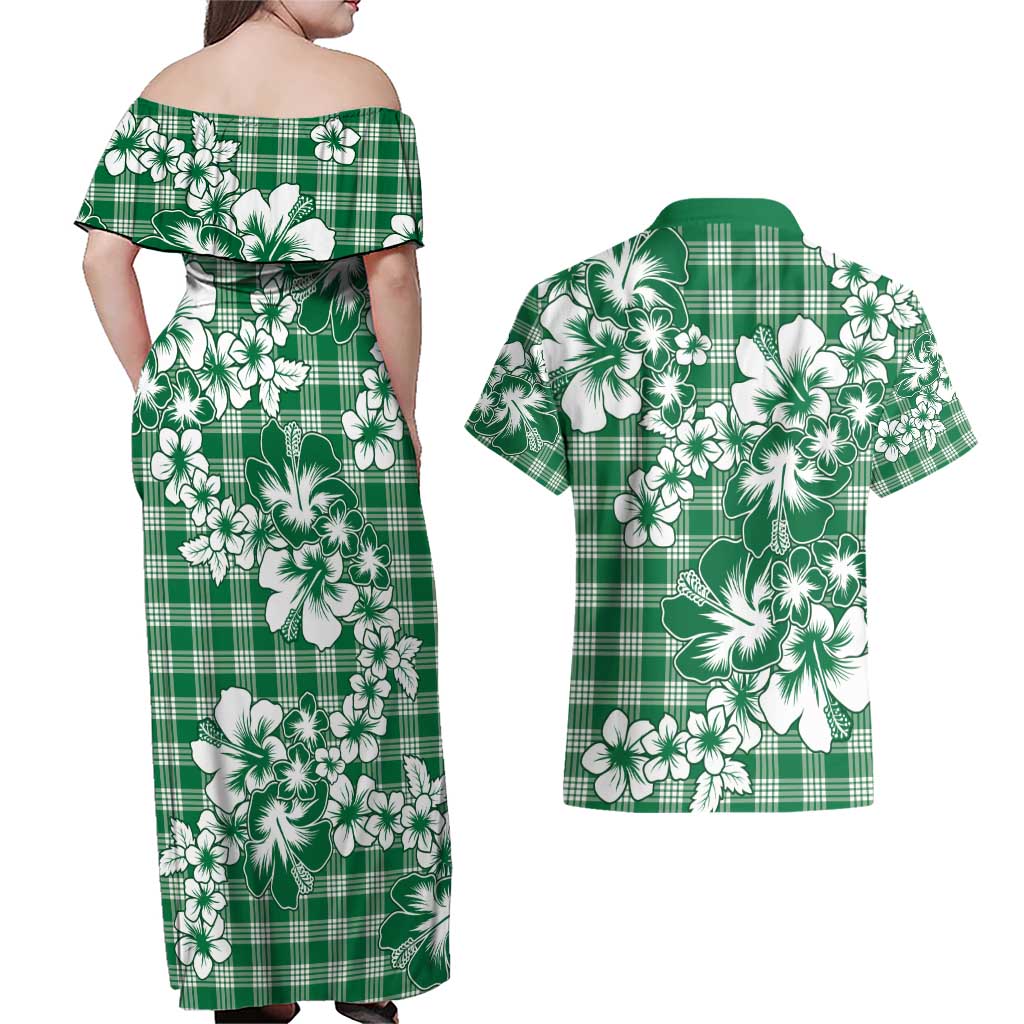 Hibiscus Pakala Emerald Green Couples Matching Off Shoulder Maxi Dress and Hawaiian Shirt Tropical Floral Stylized LT01 - Polynesian Pride