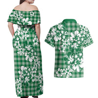 Hibiscus Pakala Emerald Green Couples Matching Off Shoulder Maxi Dress and Hawaiian Shirt Tropical Floral Stylized LT01 - Polynesian Pride