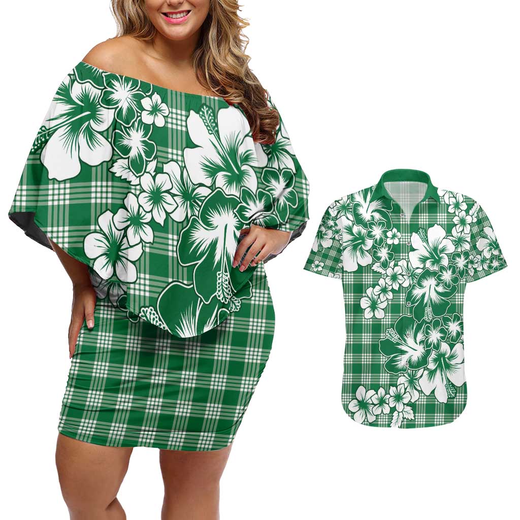 Hibiscus Pakala Emerald Green Couples Matching Off Shoulder Short Dress and Hawaiian Shirt Tropical Floral Stylized LT01 Green - Polynesian Pride