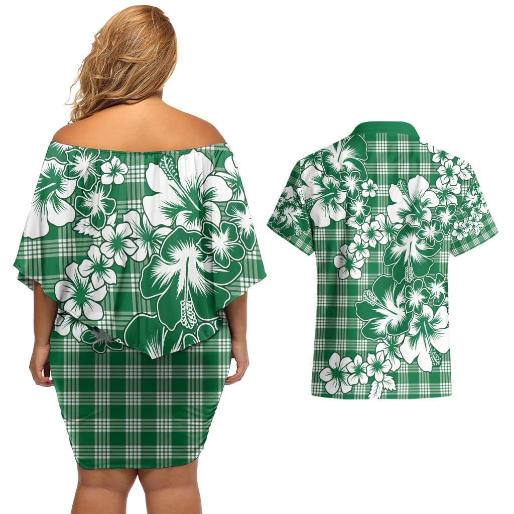 Hibiscus Pakala Emerald Green Couples Matching Off Shoulder Short Dress and Hawaiian Shirt Tropical Floral Stylized LT01 - Polynesian Pride