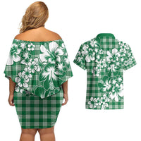 Hibiscus Pakala Emerald Green Couples Matching Off Shoulder Short Dress and Hawaiian Shirt Tropical Floral Stylized LT01 - Polynesian Pride