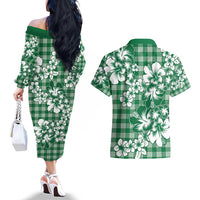 Hibiscus Pakala Emerald Green Couples Matching Off The Shoulder Long Sleeve Dress and Hawaiian Shirt Tropical Floral Stylized LT01 - Polynesian Pride