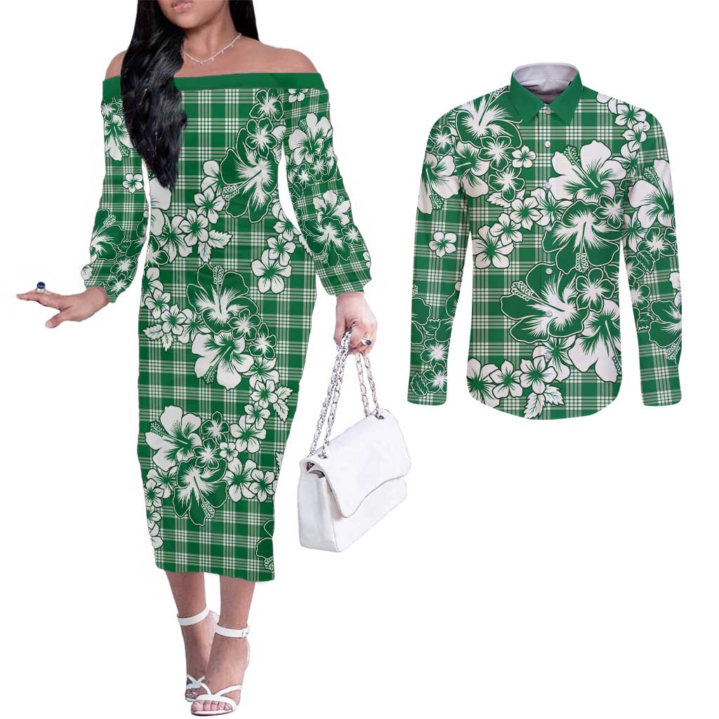 Hibiscus Pakala Emerald Green Couples Matching Off The Shoulder Long Sleeve Dress and Long Sleeve Button Shirt Tropical Floral Stylized LT01 Green - Polynesian Pride