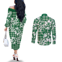 Hibiscus Pakala Emerald Green Couples Matching Off The Shoulder Long Sleeve Dress and Long Sleeve Button Shirt Tropical Floral Stylized LT01 - Polynesian Pride