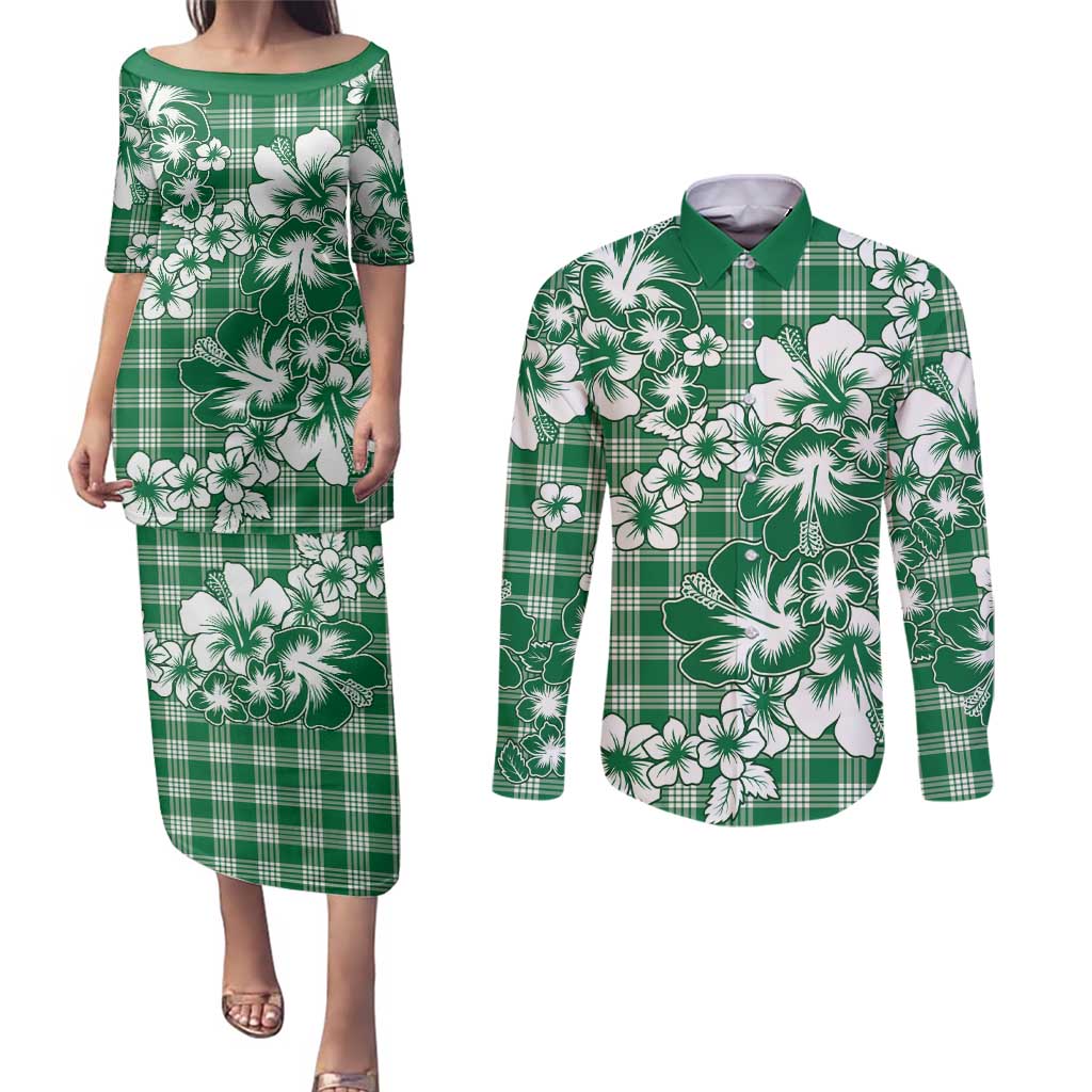 Hibiscus Pakala Emerald Green Couples Matching Puletasi and Long Sleeve Button Shirt Tropical Floral Stylized - Polynesian Pride