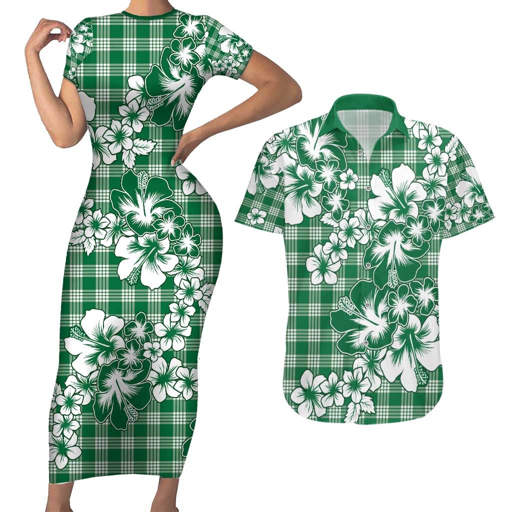 Hibiscus Pakala Emerald Green Couples Matching Short Sleeve Bodycon Dress and Hawaiian Shirt Tropical Floral Stylized LT01 Green - Polynesian Pride