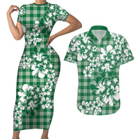 Hibiscus Pakala Emerald Green Couples Matching Short Sleeve Bodycon Dress and Hawaiian Shirt Tropical Floral Stylized LT01 Green - Polynesian Pride
