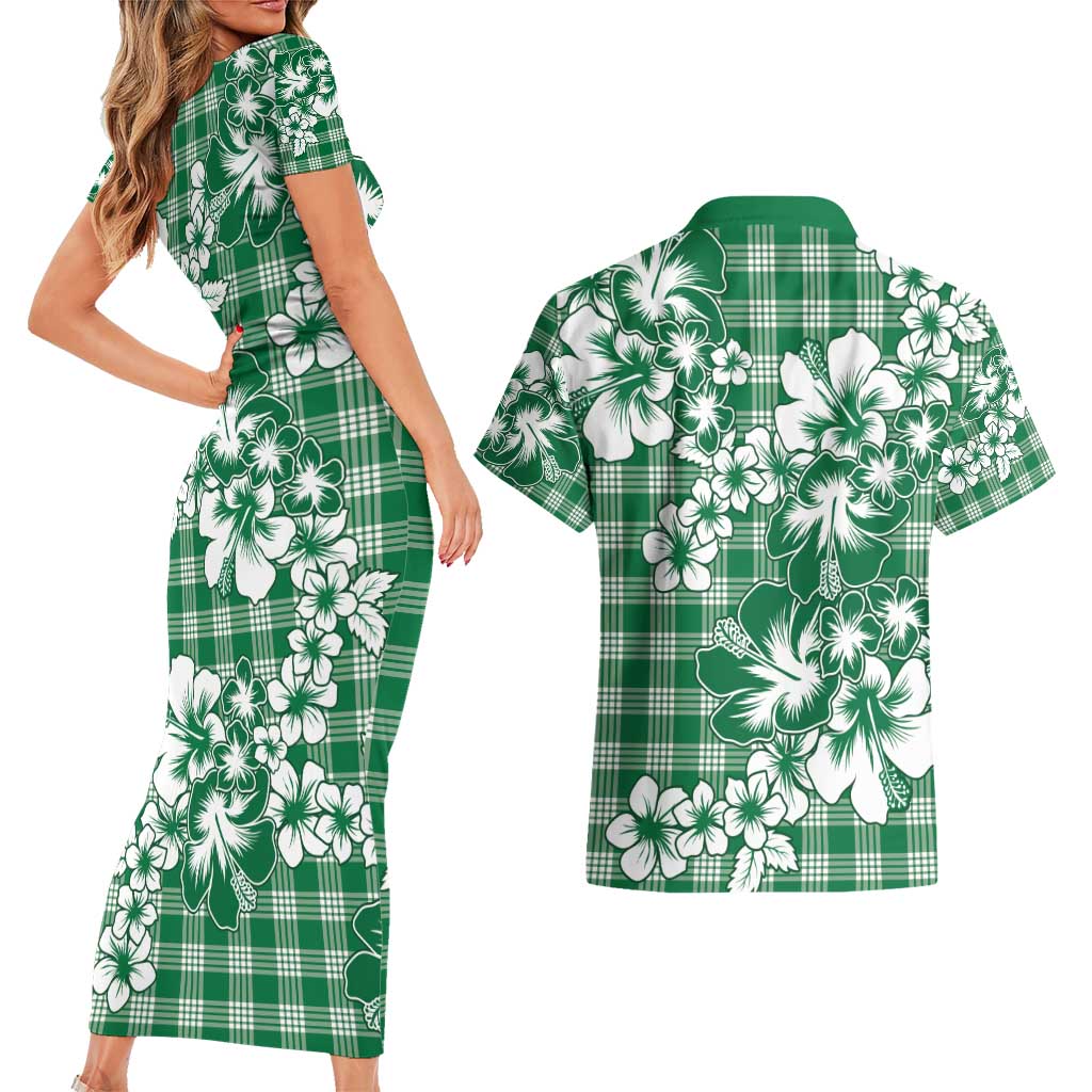 Hibiscus Pakala Emerald Green Couples Matching Short Sleeve Bodycon Dress and Hawaiian Shirt Tropical Floral Stylized LT01 - Polynesian Pride