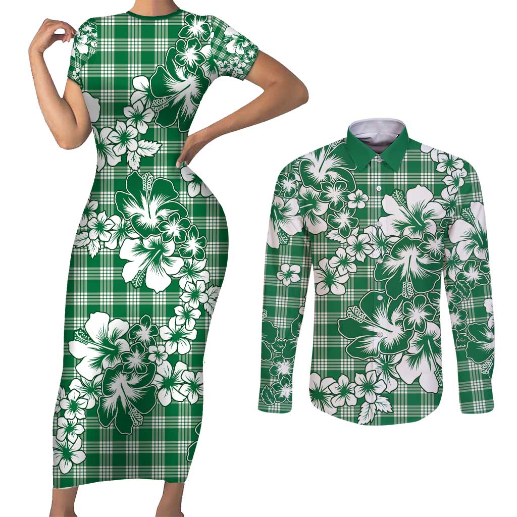 Hibiscus Pakala Emerald Green Couples Matching Short Sleeve Bodycon Dress and Long Sleeve Button Shirt Tropical Floral Stylized LT01 Green - Polynesian Pride