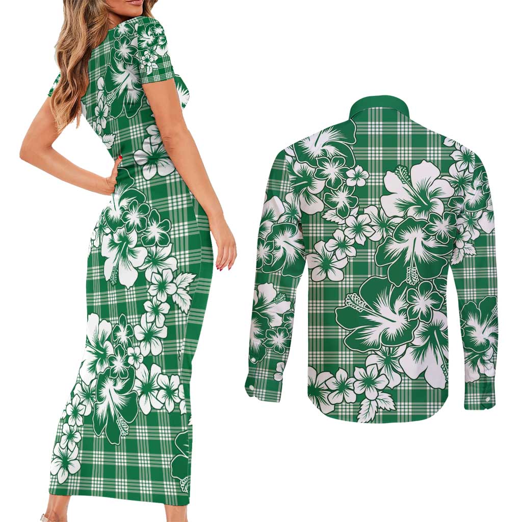 Hibiscus Pakala Emerald Green Couples Matching Short Sleeve Bodycon Dress and Long Sleeve Button Shirt Tropical Floral Stylized LT01 - Polynesian Pride