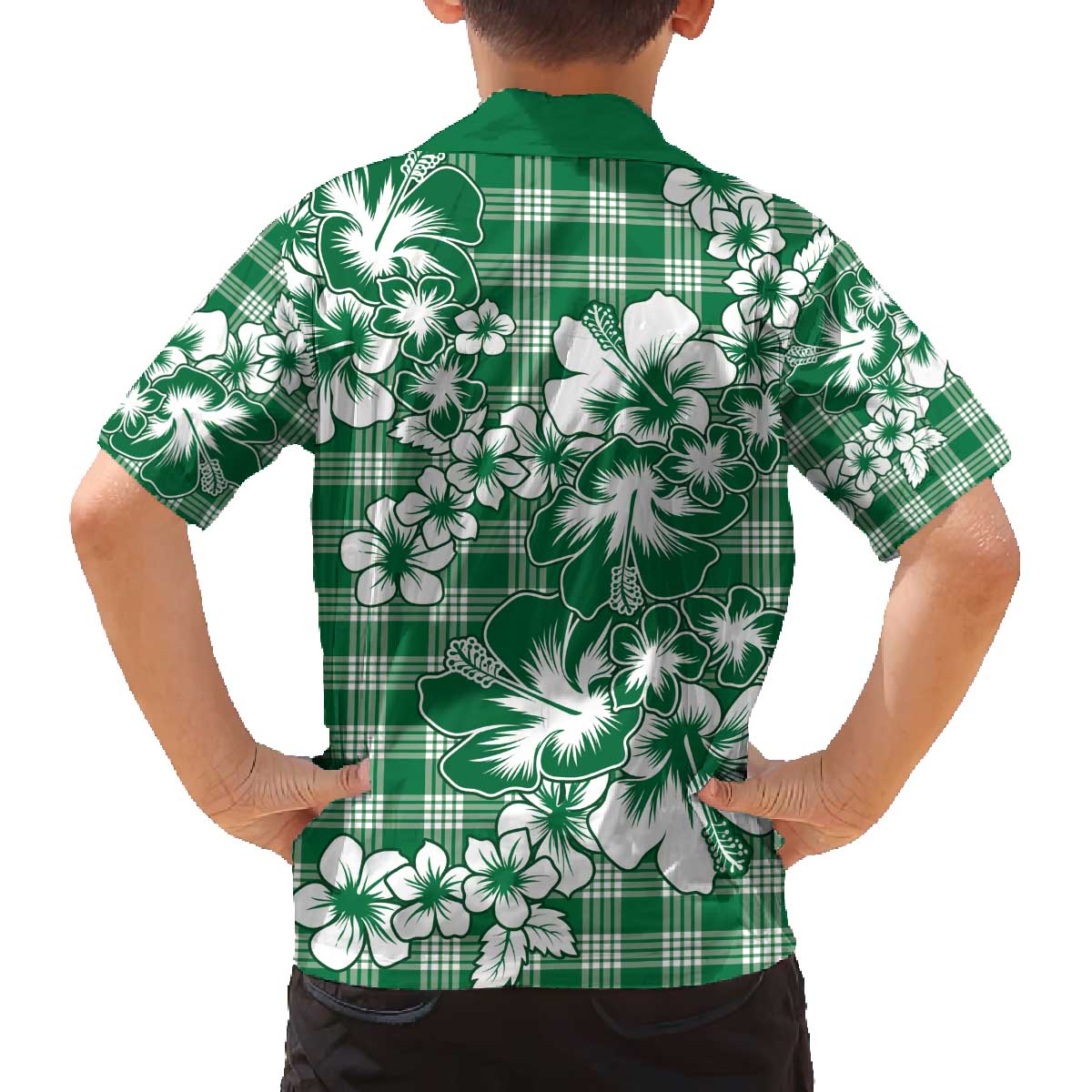 Hibiscus Pakala Emerald Green Family Matching Off The Shoulder Long Sleeve Dress and Hawaiian Shirt Tropical Floral Stylized LT01 - Polynesian Pride