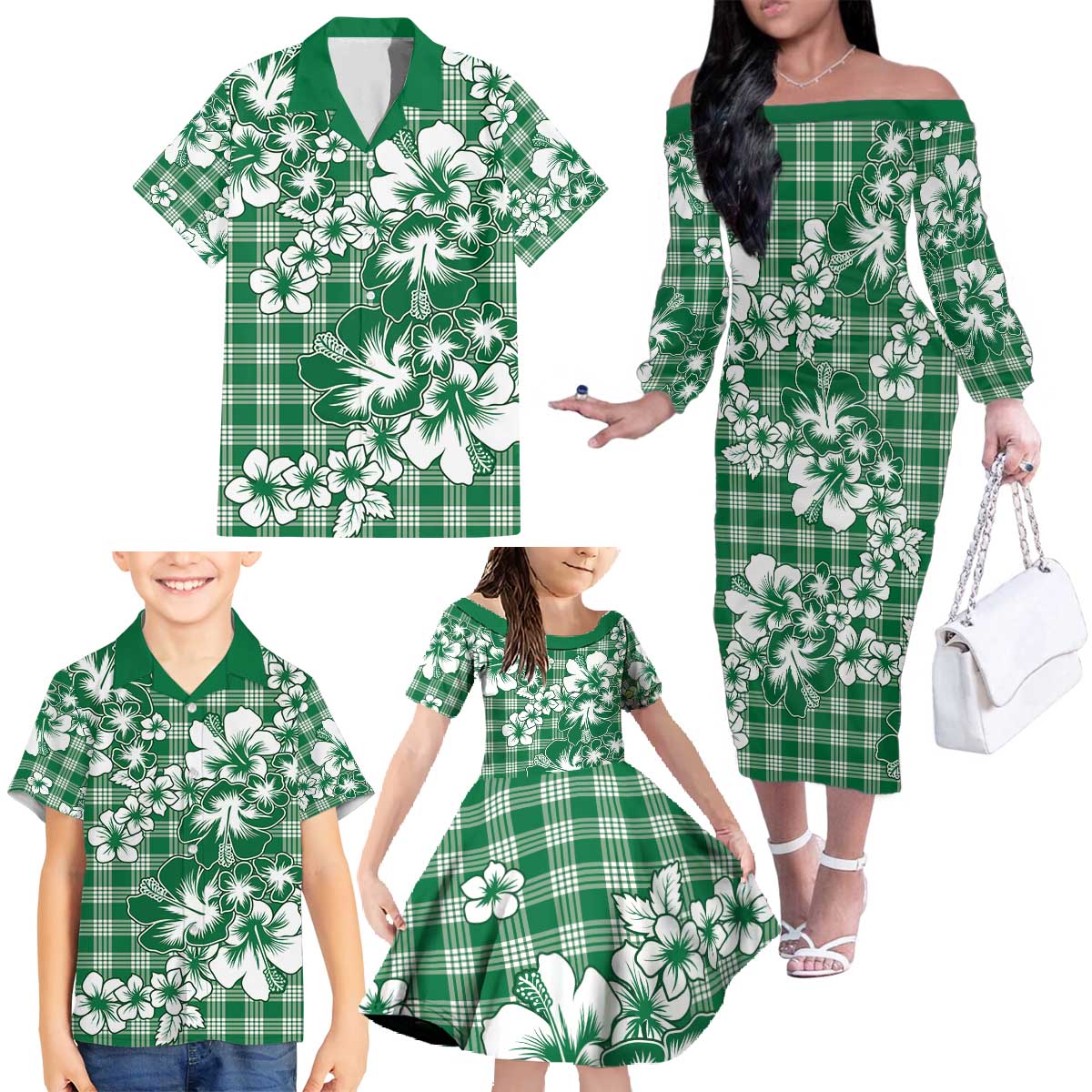 Hibiscus Pakala Emerald Green Family Matching Off The Shoulder Long Sleeve Dress and Hawaiian Shirt Tropical Floral Stylized LT01 - Polynesian Pride