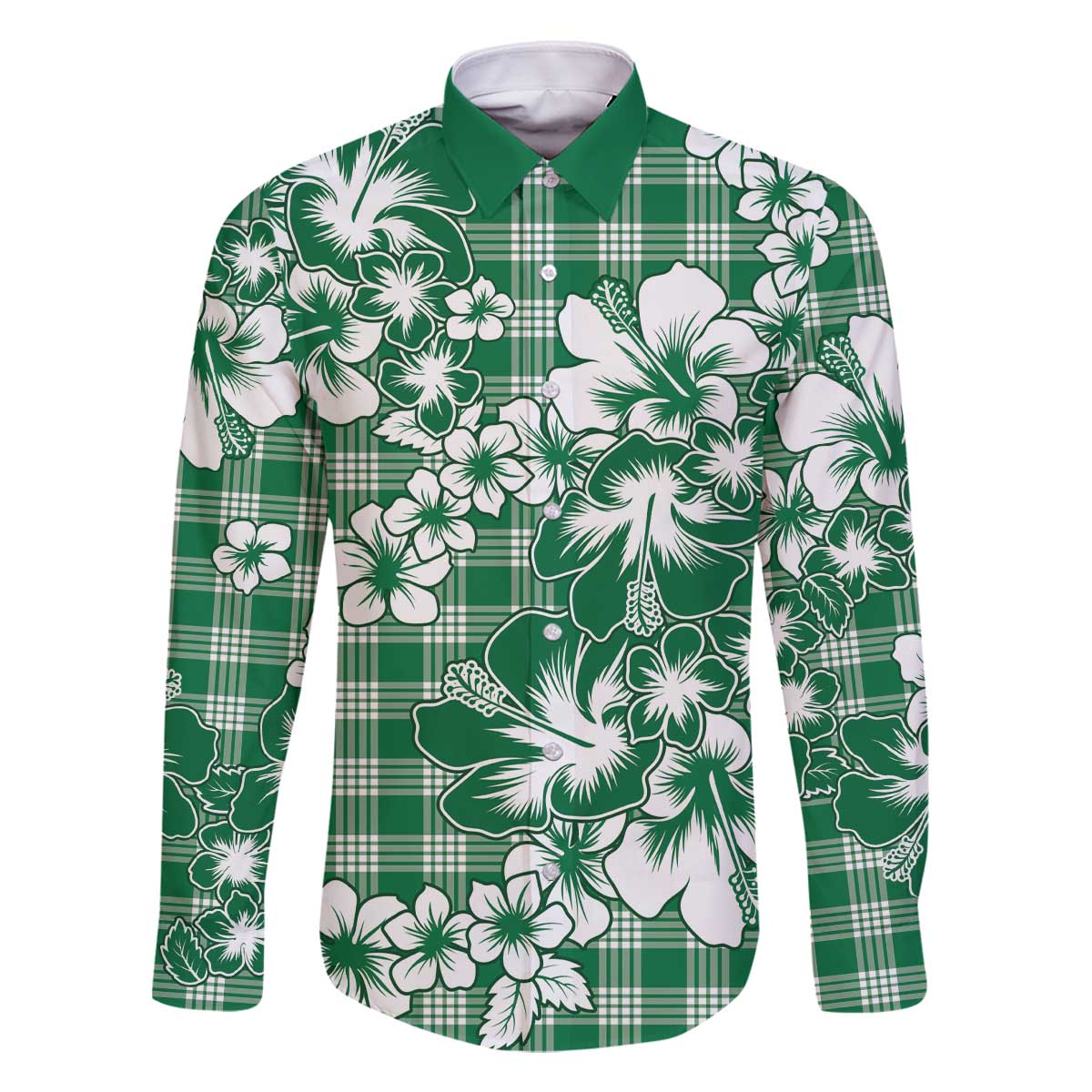 Hibiscus Pakala Emerald Green Family Matching Off The Shoulder Long Sleeve Dress and Hawaiian Shirt Tropical Floral Stylized LT01 Dad's Shirt - Long Sleeve Green - Polynesian Pride