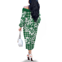 Hibiscus Pakala Emerald Green Family Matching Off The Shoulder Long Sleeve Dress and Hawaiian Shirt Tropical Floral Stylized LT01 - Polynesian Pride