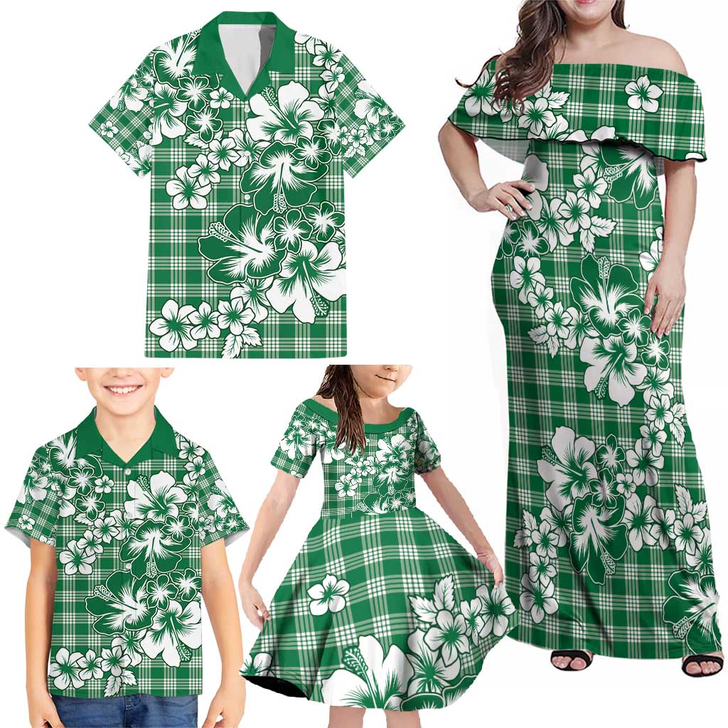 Hibiscus Pakala Emerald Green Family Matching Off Shoulder Maxi Dress and Hawaiian Shirt Tropical Floral Stylized LT01 - Polynesian Pride