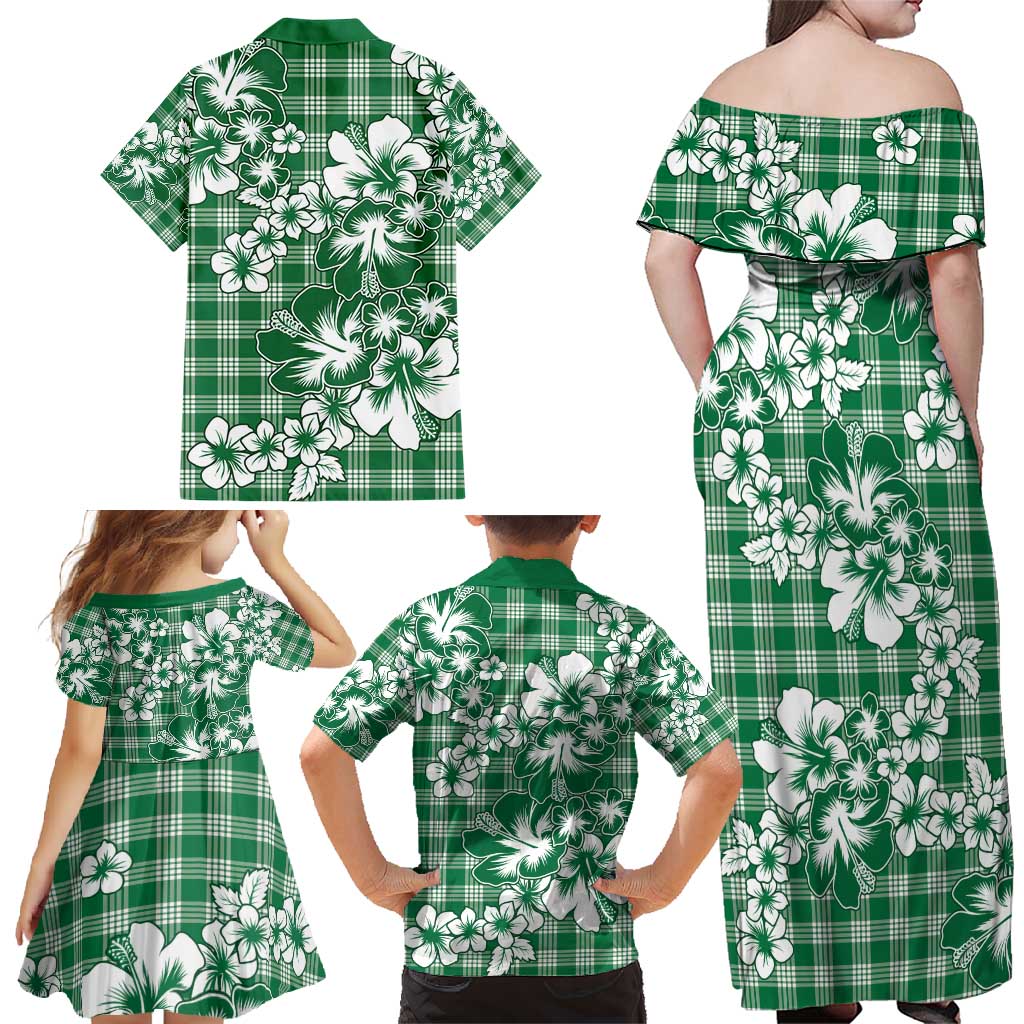 Hibiscus Pakala Emerald Green Family Matching Off Shoulder Maxi Dress and Hawaiian Shirt Tropical Floral Stylized LT01 - Polynesian Pride