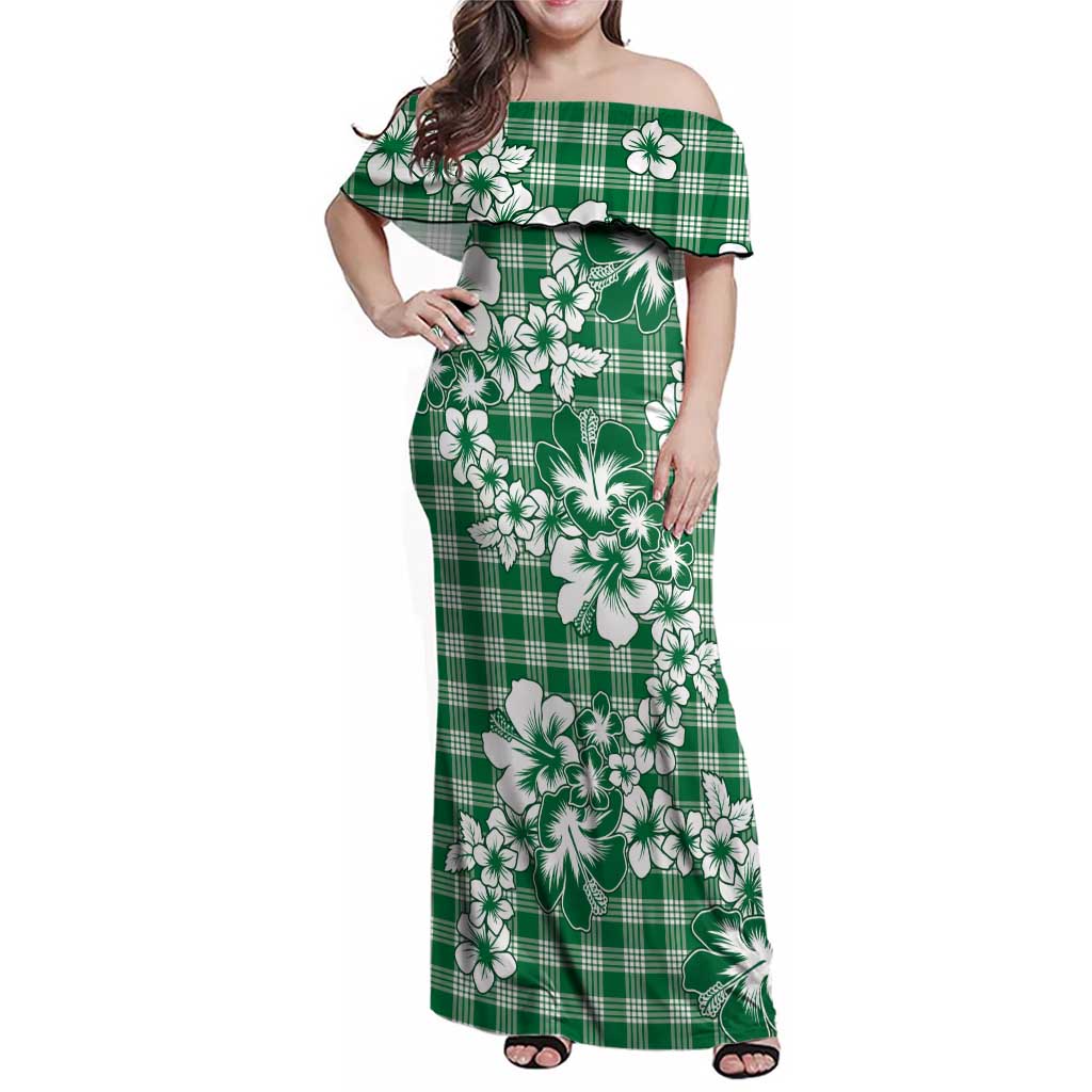 Hibiscus Pakala Emerald Green Family Matching Off Shoulder Maxi Dress and Hawaiian Shirt Tropical Floral Stylized LT01 Mom's Dress Green - Polynesian Pride