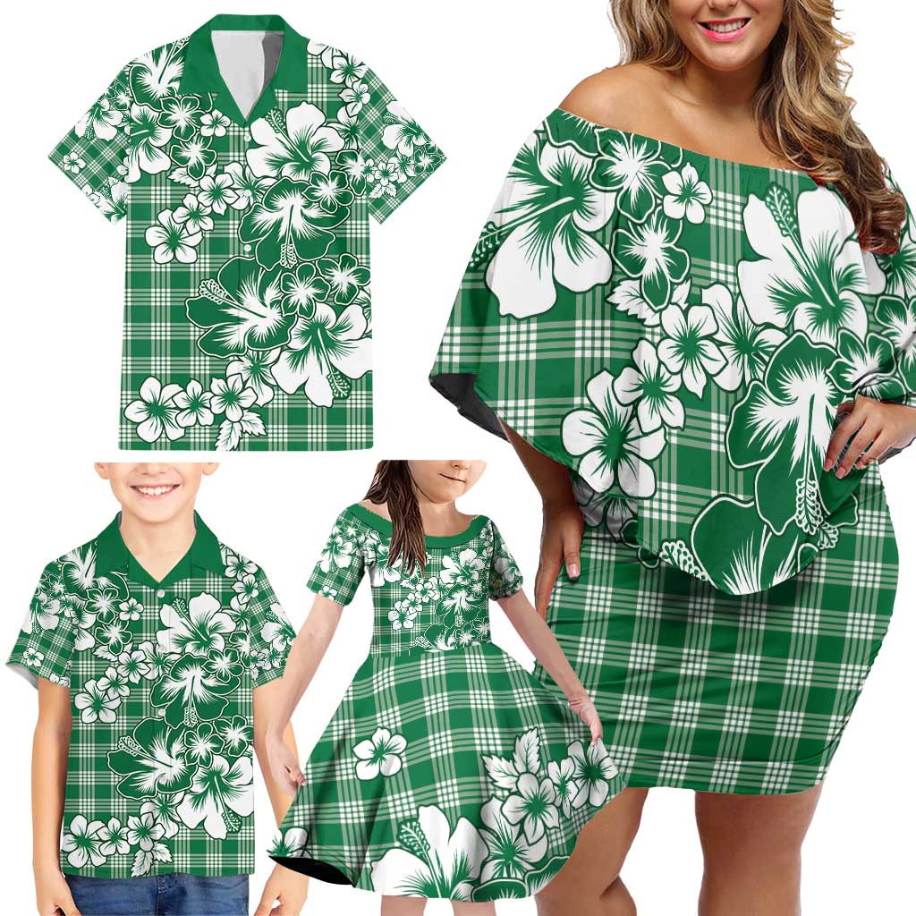 Hibiscus Pakala Emerald Green Family Matching Off Shoulder Short Dress and Hawaiian Shirt Tropical Floral Stylized LT01 - Polynesian Pride
