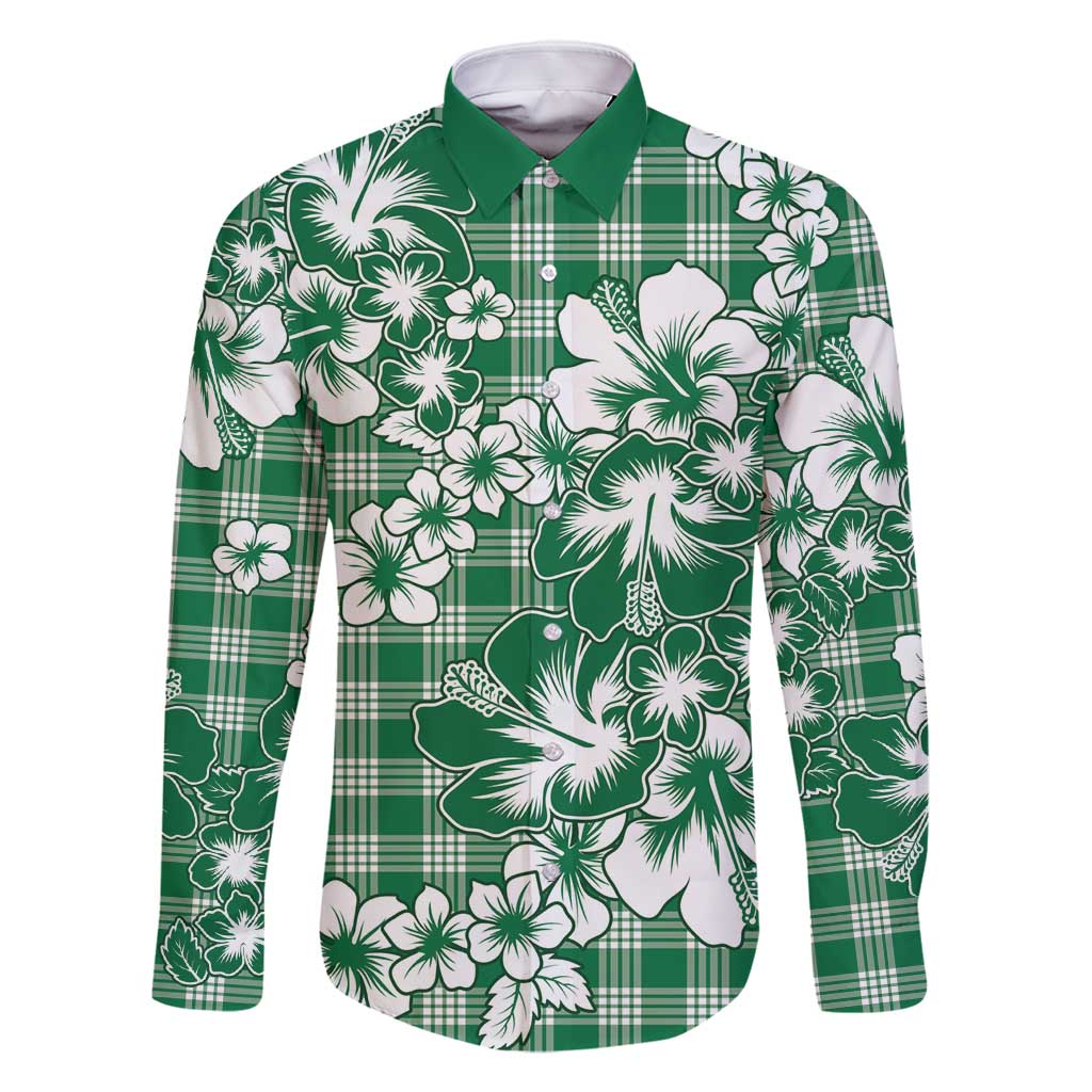 Hibiscus Pakala Emerald Green Family Matching Off Shoulder Short Dress and Hawaiian Shirt Tropical Floral Stylized LT01 Dad's Shirt - Long Sleeve Green - Polynesian Pride