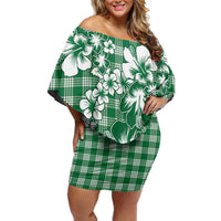 Hibiscus Pakala Emerald Green Family Matching Off Shoulder Short Dress and Hawaiian Shirt Tropical Floral Stylized LT01 Mom's Dress Green - Polynesian Pride