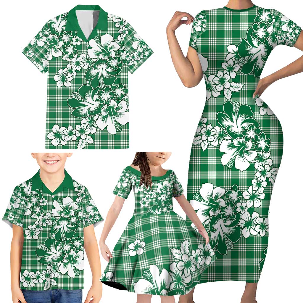 Hibiscus Pakala Emerald Green Family Matching Short Sleeve Bodycon Dress and Hawaiian Shirt Tropical Floral Stylized LT01 - Polynesian Pride