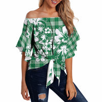 Hibiscus Pakala Emerald Green Off Shoulder Wrap Waist Top Tropical Floral Stylized LT01 - Polynesian Pride