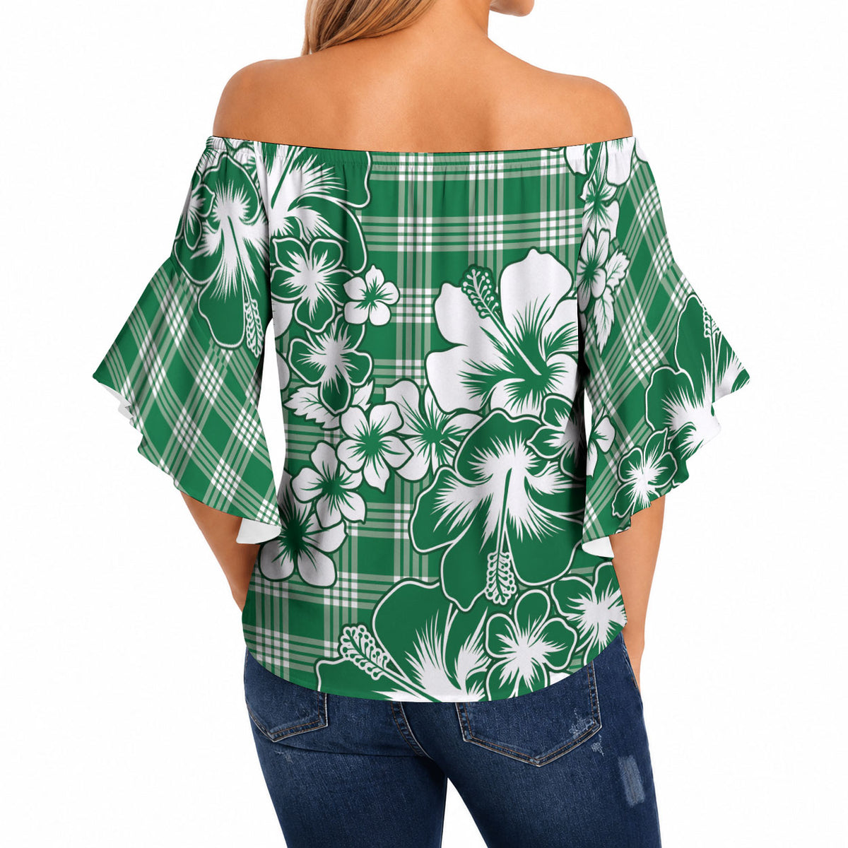 Hibiscus Pakala Emerald Green Off Shoulder Wrap Waist Top Tropical Floral Stylized LT01 - Polynesian Pride