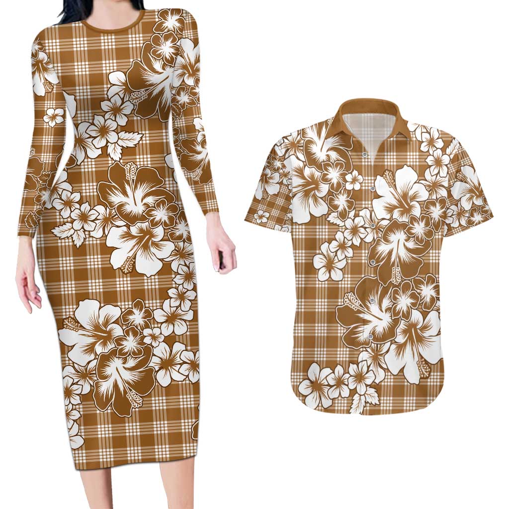 Hibiscus Pakala Bronze Brown Couples Matching Long Sleeve Bodycon Dress and Hawaiian Shirt Tropical Floral Stylized LT01 Brown - Polynesian Pride