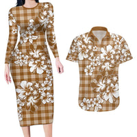 Hibiscus Pakala Bronze Brown Couples Matching Long Sleeve Bodycon Dress and Hawaiian Shirt Tropical Floral Stylized LT01 Brown - Polynesian Pride
