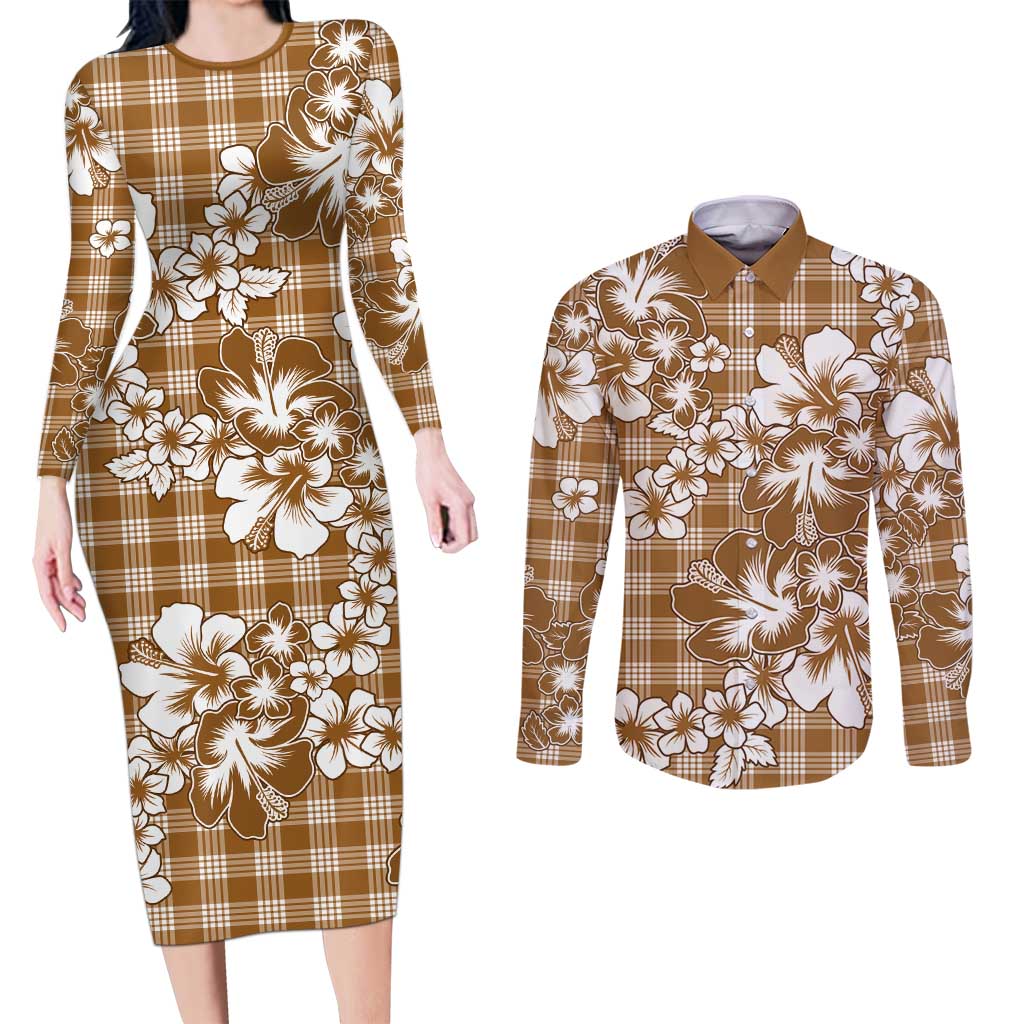Hibiscus Pakala Bronze Brown Couples Matching Long Sleeve Bodycon Dress and Long Sleeve Button Shirt Tropical Floral Stylized LT01 Brown - Polynesian Pride