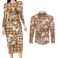 Hibiscus Pakala Bronze Brown Couples Matching Long Sleeve Bodycon Dress and Long Sleeve Button Shirt Tropical Floral Stylized LT01 Brown - Polynesian Pride