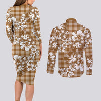 Hibiscus Pakala Bronze Brown Couples Matching Long Sleeve Bodycon Dress and Long Sleeve Button Shirt Tropical Floral Stylized LT01 - Polynesian Pride