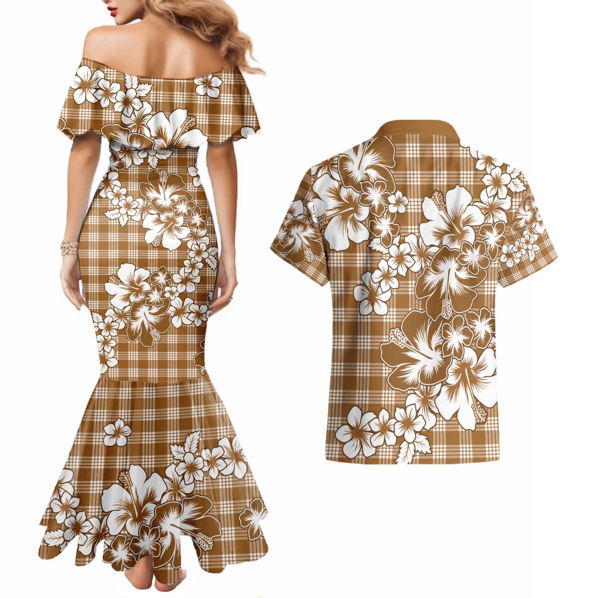 Hibiscus Pakala Bronze Brown Couples Matching Mermaid Dress and Hawaiian Shirt Tropical Floral Stylized LT01 - Polynesian Pride