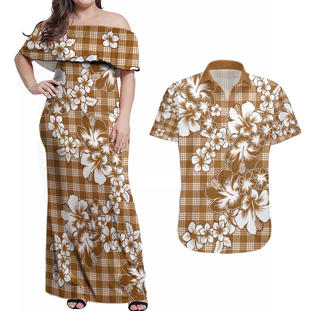 Hibiscus Pakala Bronze Brown Couples Matching Off Shoulder Maxi Dress and Hawaiian Shirt Tropical Floral Stylized LT01 Brown - Polynesian Pride
