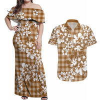 Hibiscus Pakala Bronze Brown Couples Matching Off Shoulder Maxi Dress and Hawaiian Shirt Tropical Floral Stylized LT01 Brown - Polynesian Pride